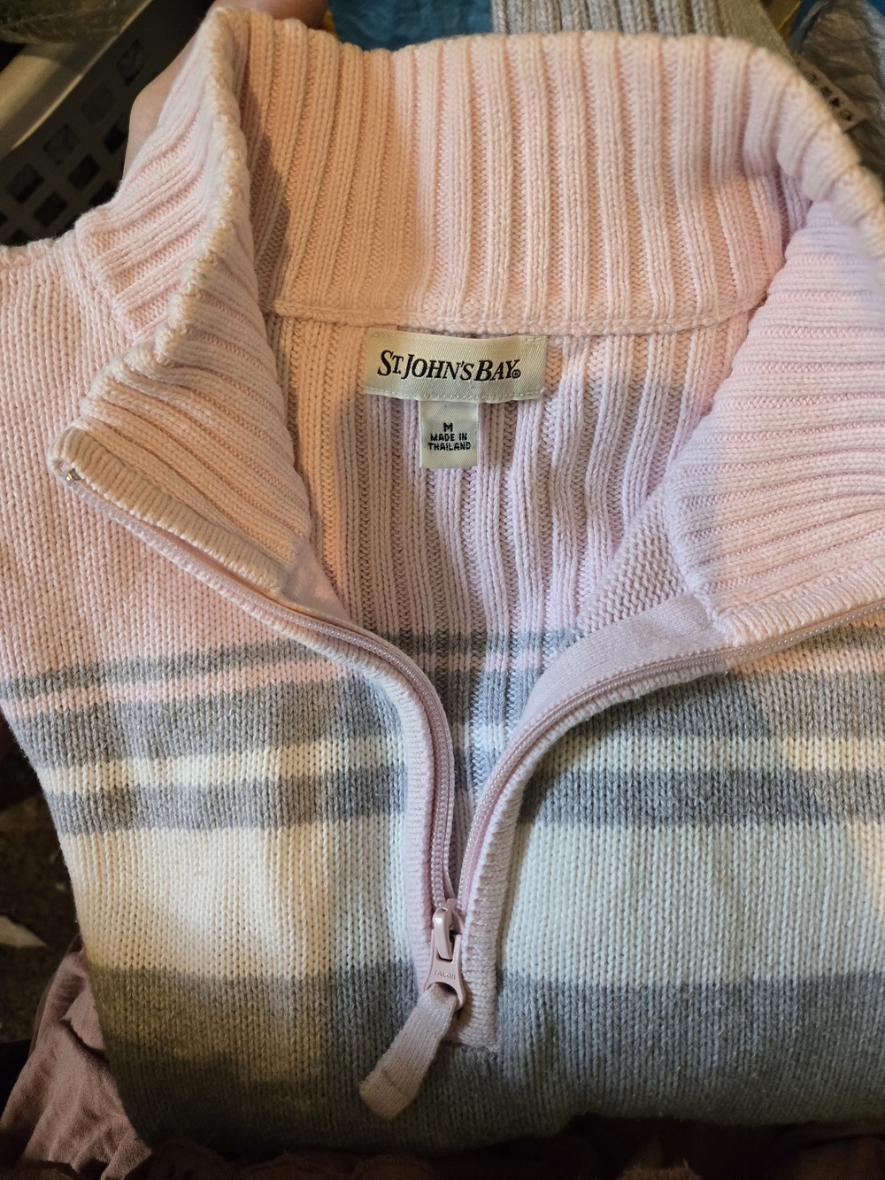 St. John's Bay Women's Pink Zip-Front Striped Sweater